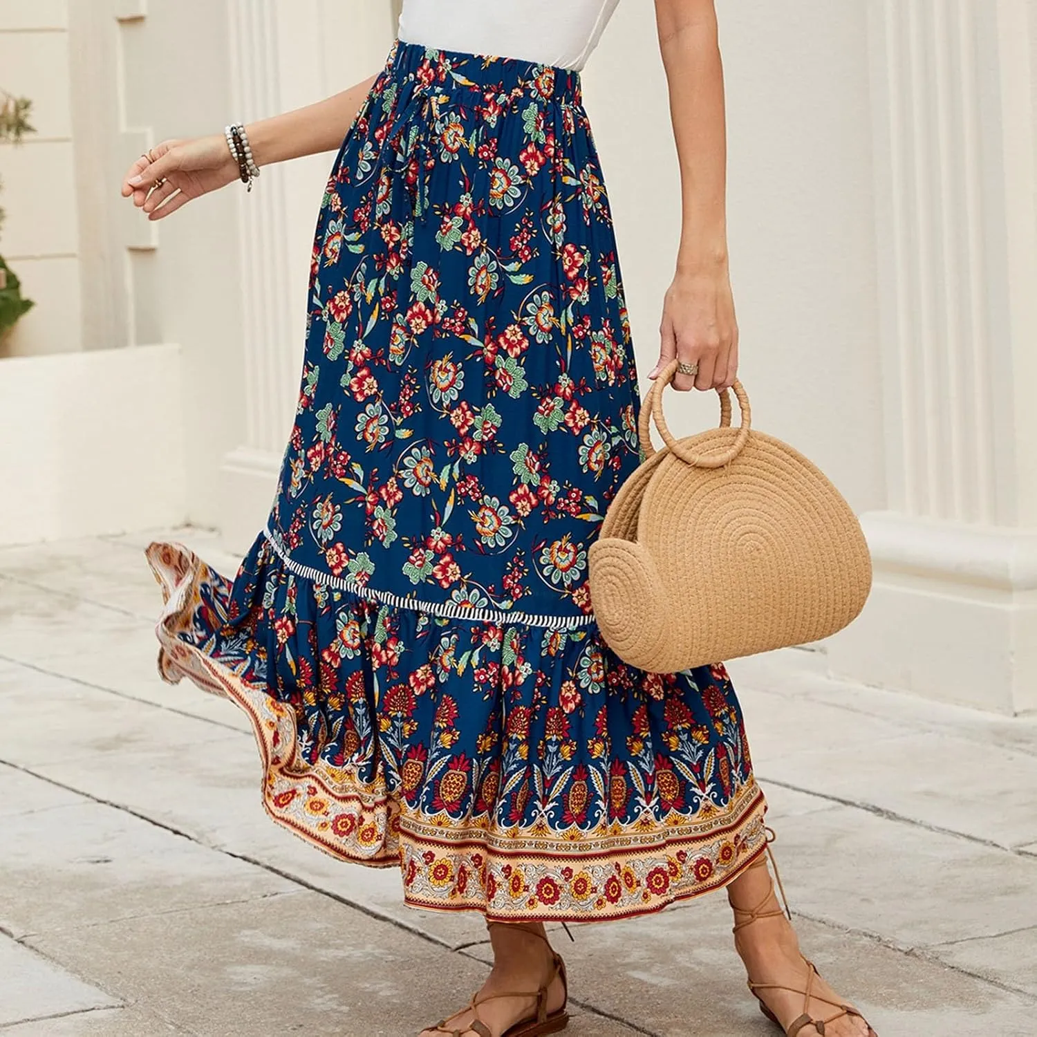 Floral Pleated Skirts for Women Midi Length Summer Casual Boho High Waisted Flowy Plus Size Swing A Line Skirt
