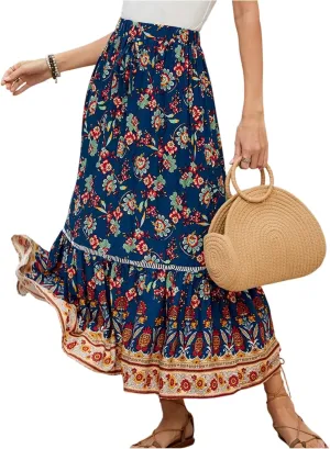 Floral Pleated Skirts for Women Midi Length Summer Casual Boho High Waisted Flowy Plus Size Swing A Line Skirt