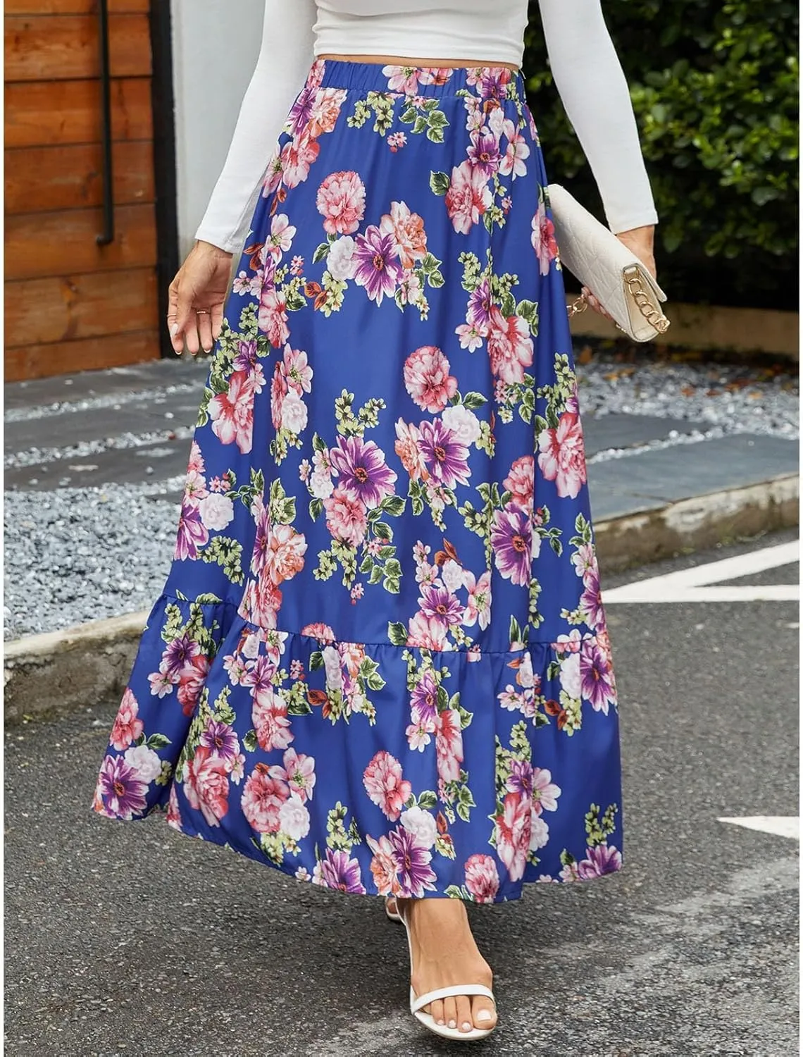 Floral Pleated Skirts for Women Midi Length Summer Casual Boho High Waisted Flowy Plus Size Swing A Line Skirt