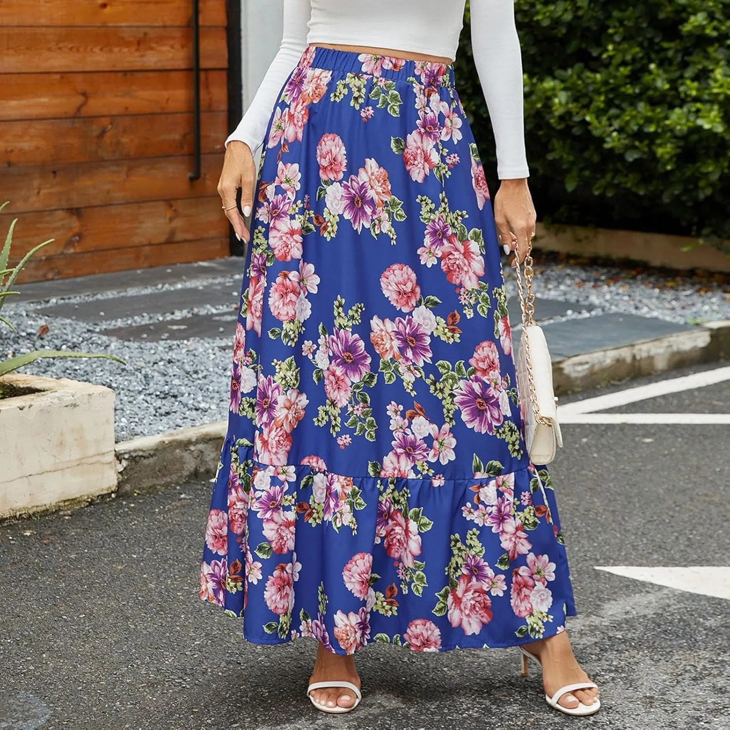 Floral Pleated Skirts for Women Midi Length Summer Casual Boho High Waisted Flowy Plus Size Swing A Line Skirt
