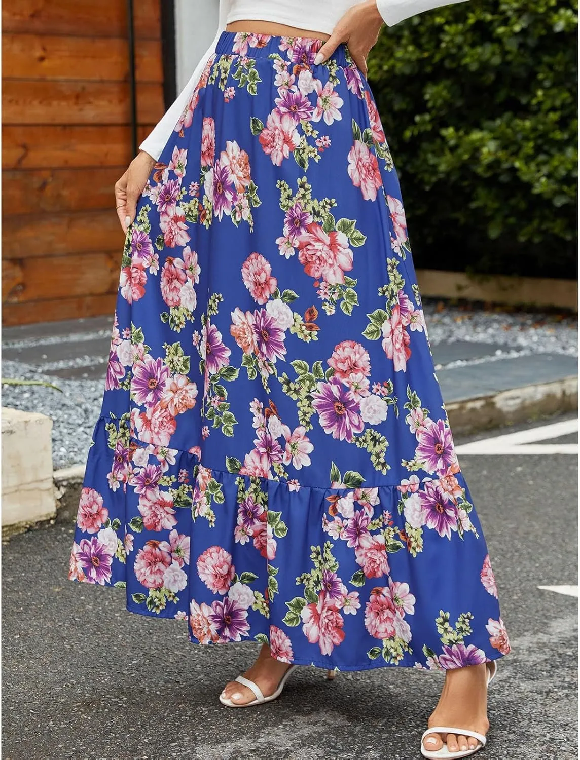 Floral Pleated Skirts for Women Midi Length Summer Casual Boho High Waisted Flowy Plus Size Swing A Line Skirt