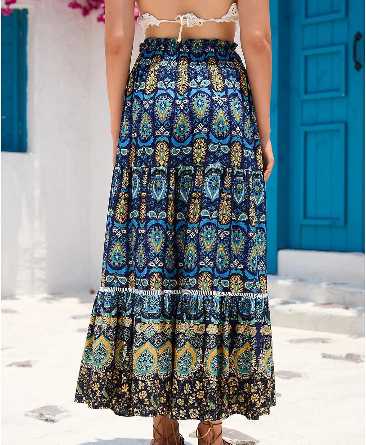 Floral Pleated Skirts for Women Midi Length Summer Casual Boho High Waisted Flowy Plus Size Swing A Line Skirt