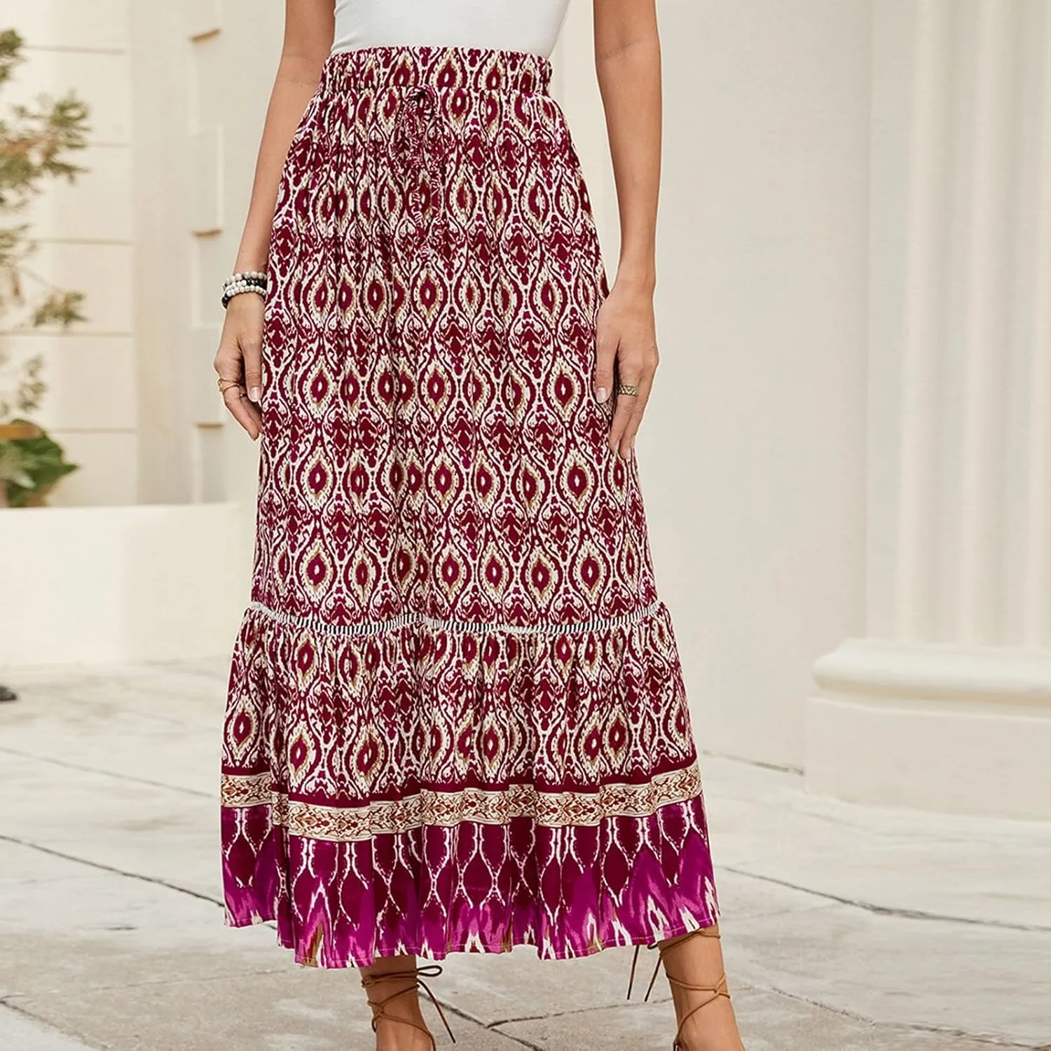 Floral Pleated Skirts for Women Midi Length Summer Casual Boho High Waisted Flowy Plus Size Swing A Line Skirt