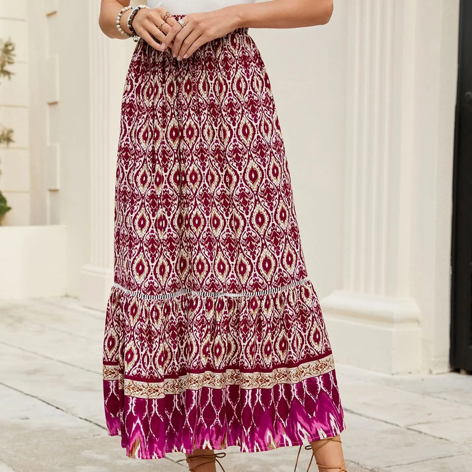 Floral Pleated Skirts for Women Midi Length Summer Casual Boho High Waisted Flowy Plus Size Swing A Line Skirt