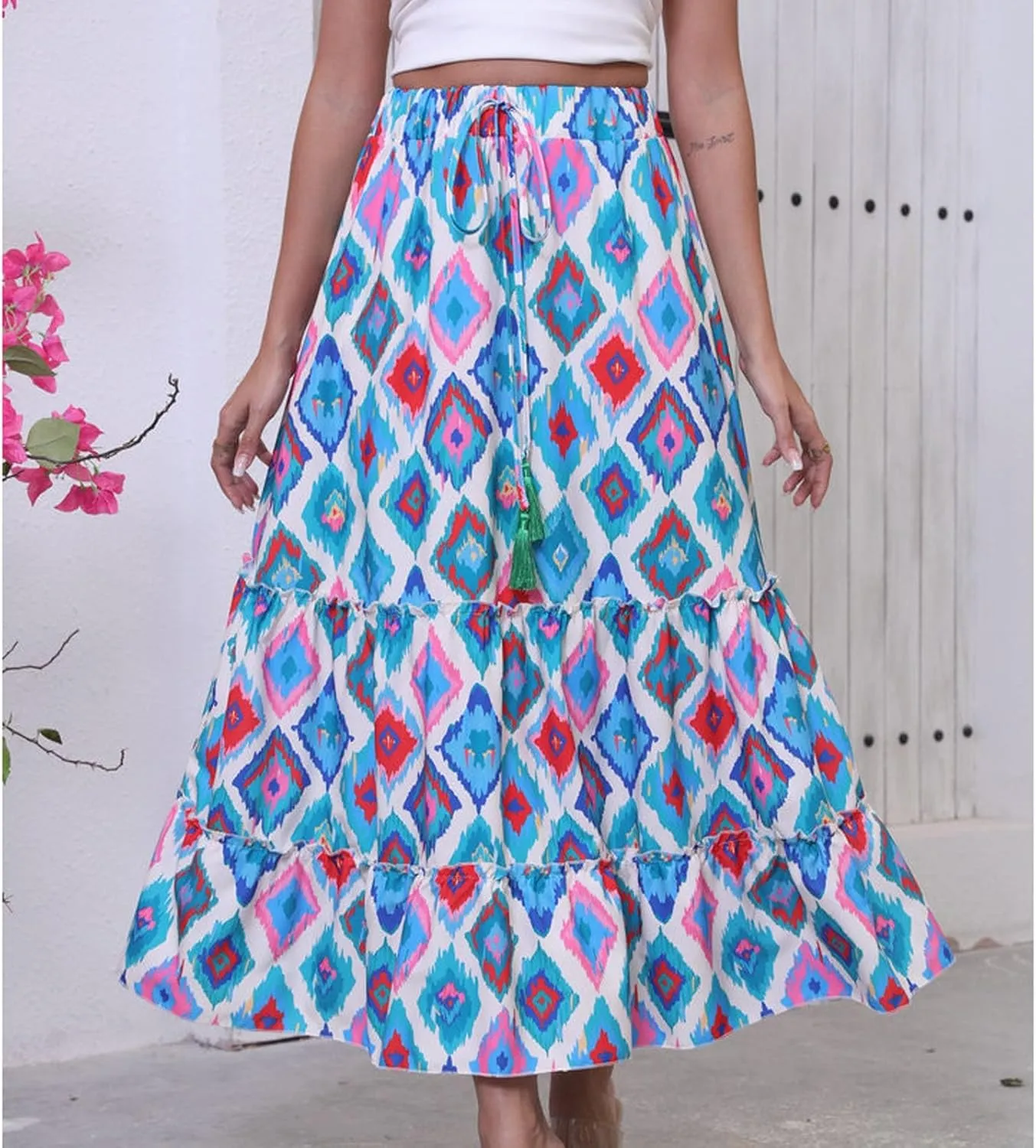Floral Pleated Skirts for Women Midi Length Summer Casual Boho High Waisted Flowy Plus Size Swing A Line Skirt