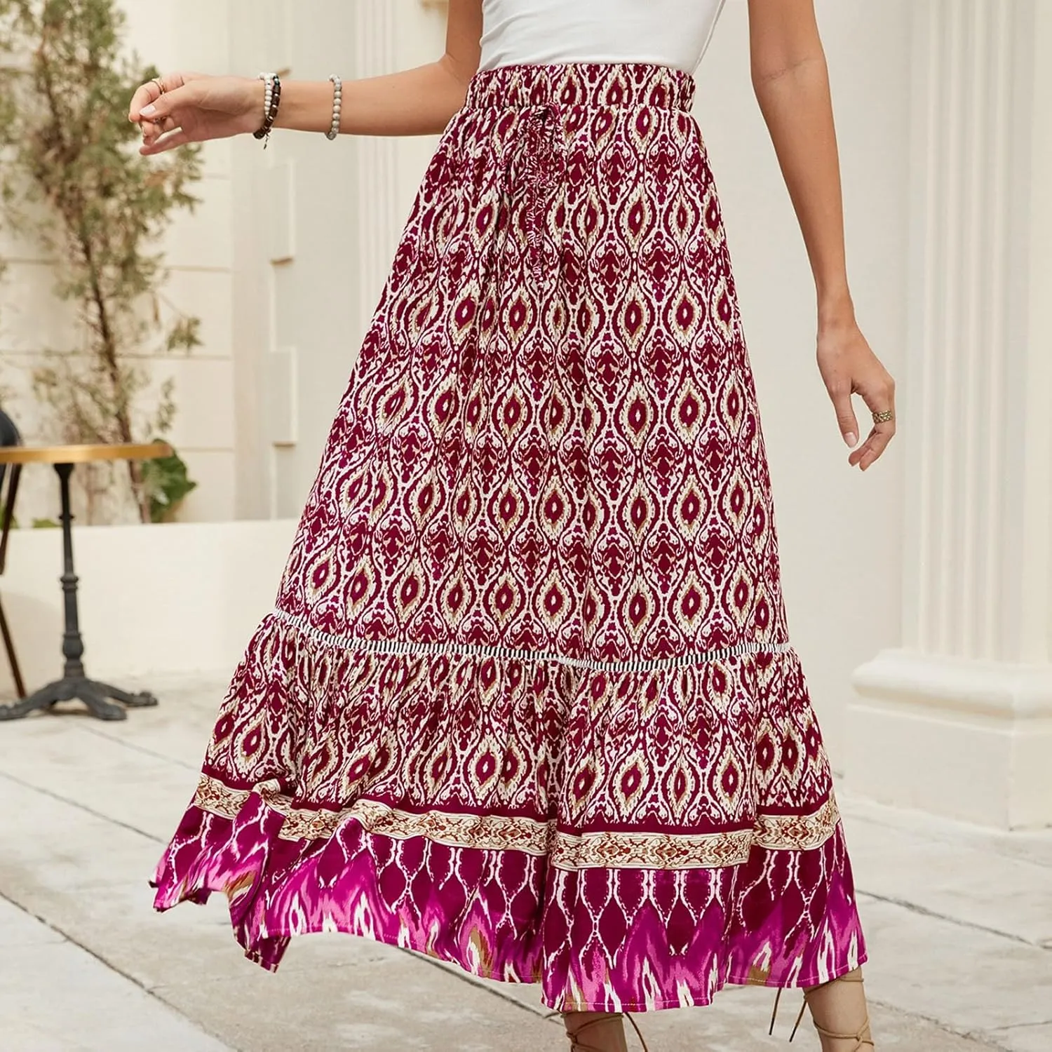 Floral Pleated Skirts for Women Midi Length Summer Casual Boho High Waisted Flowy Plus Size Swing A Line Skirt