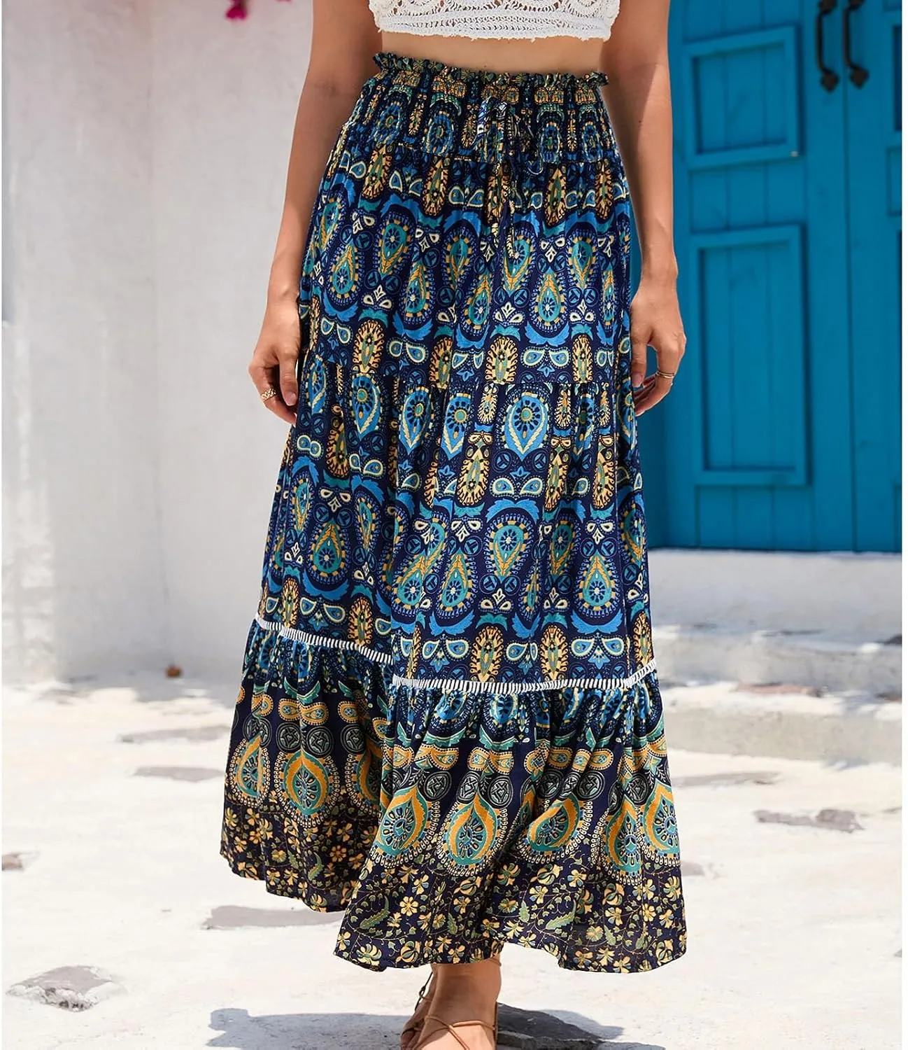 Floral Pleated Skirts for Women Midi Length Summer Casual Boho High Waisted Flowy Plus Size Swing A Line Skirt