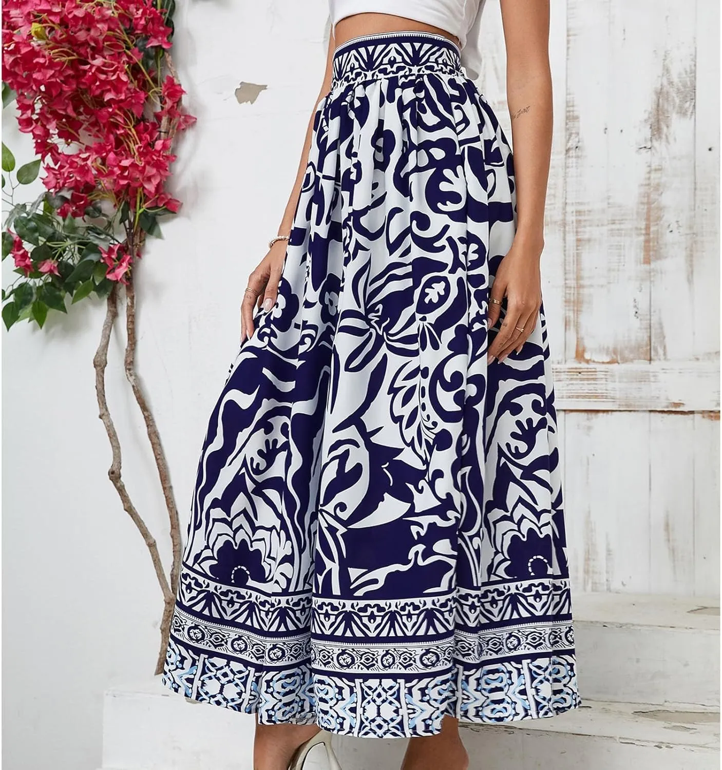 Floral Pleated Skirts for Women Midi Length Summer Casual Boho High Waisted Flowy Plus Size Swing A Line Skirt