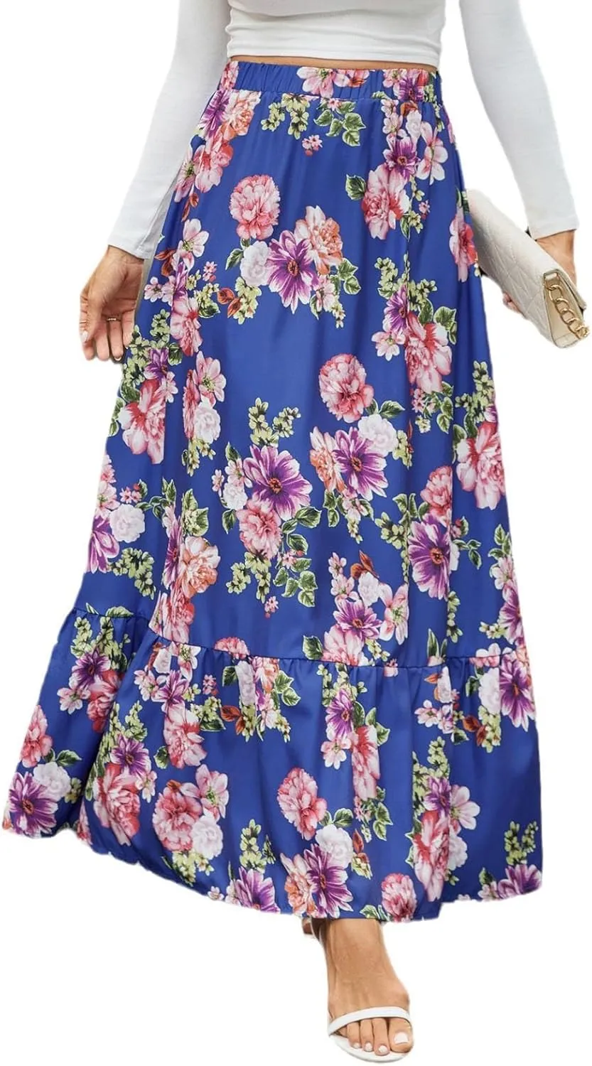 Floral Pleated Skirts for Women Midi Length Summer Casual Boho High Waisted Flowy Plus Size Swing A Line Skirt