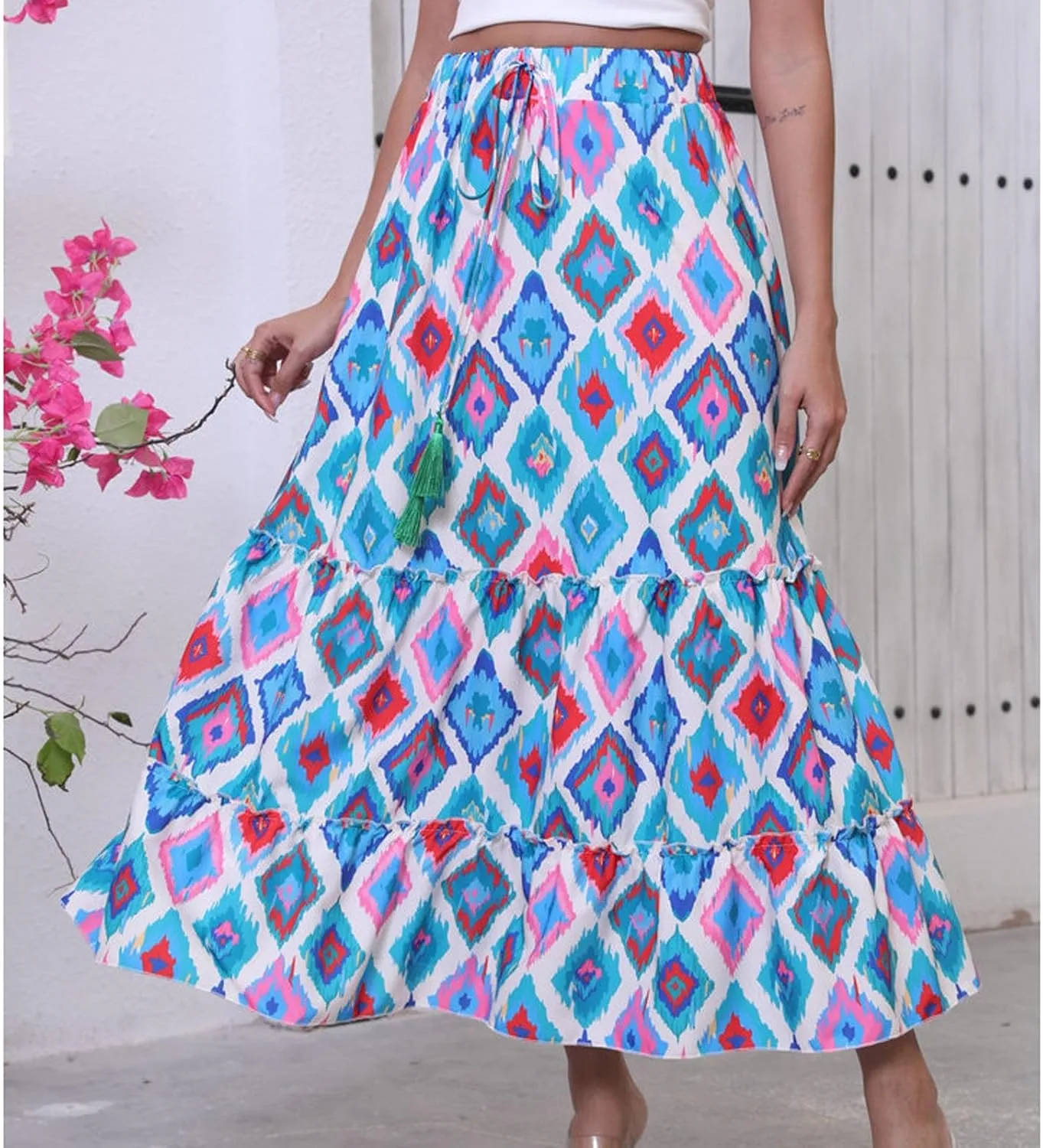 Floral Pleated Skirts for Women Midi Length Summer Casual Boho High Waisted Flowy Plus Size Swing A Line Skirt