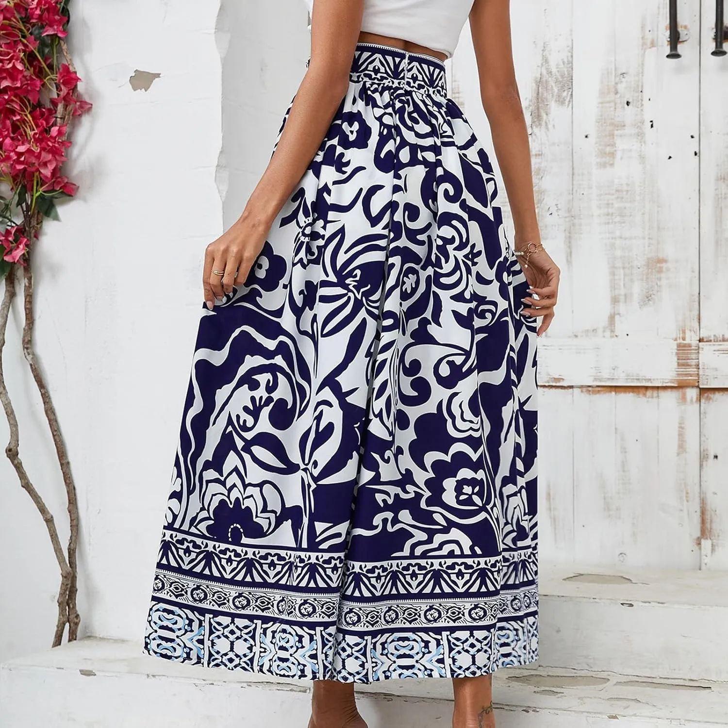 Floral Pleated Skirts for Women Midi Length Summer Casual Boho High Waisted Flowy Plus Size Swing A Line Skirt