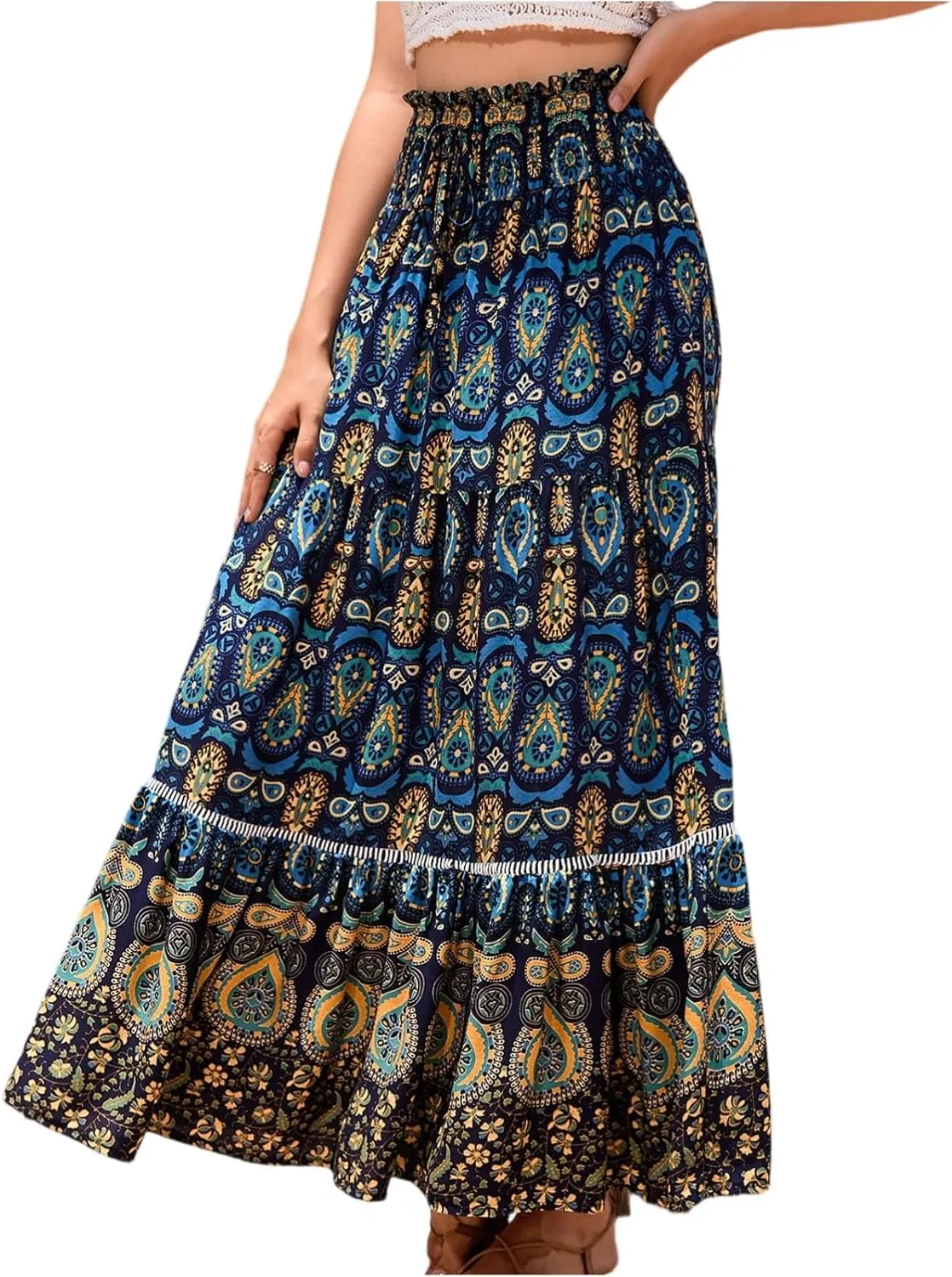 Floral Pleated Skirts for Women Midi Length Summer Casual Boho High Waisted Flowy Plus Size Swing A Line Skirt