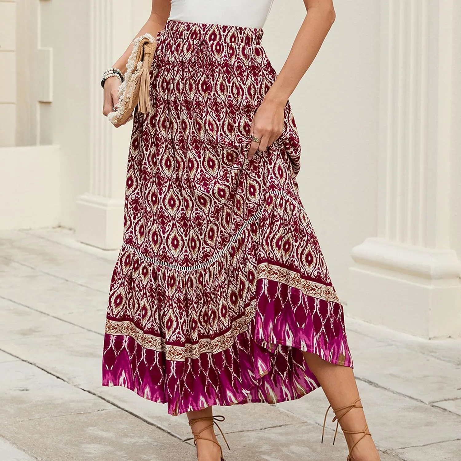 Floral Pleated Skirts for Women Midi Length Summer Casual Boho High Waisted Flowy Plus Size Swing A Line Skirt