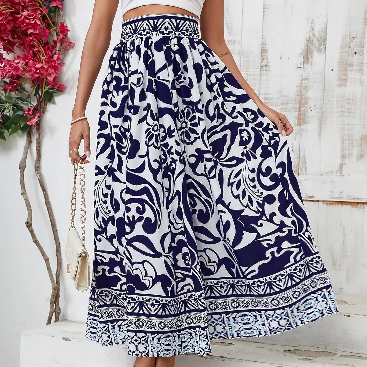 Floral Pleated Skirts for Women Midi Length Summer Casual Boho High Waisted Flowy Plus Size Swing A Line Skirt
