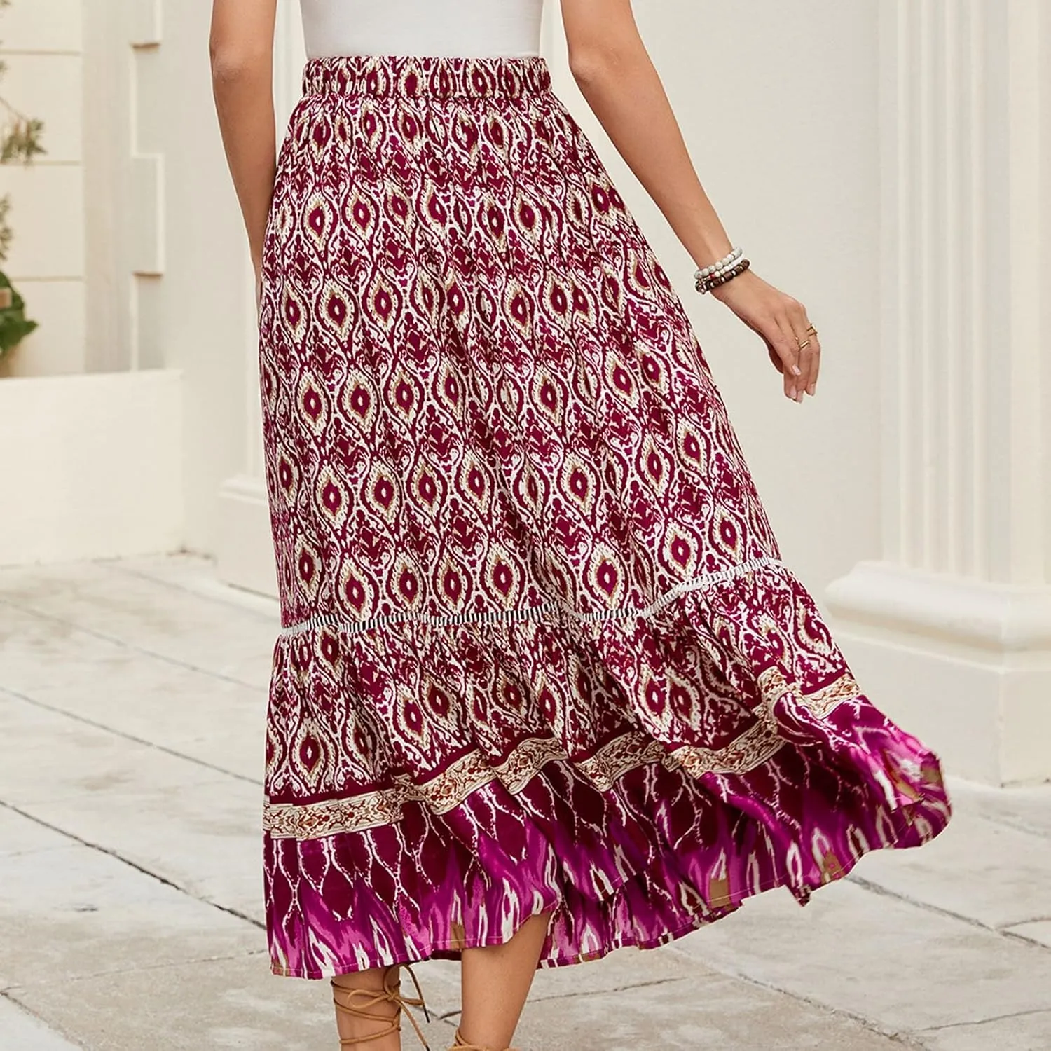 Floral Pleated Skirts for Women Midi Length Summer Casual Boho High Waisted Flowy Plus Size Swing A Line Skirt