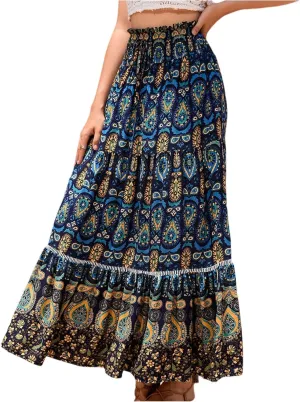 Floral Pleated Skirts for Women Midi Length Summer Casual Boho High Waisted Flowy Plus Size Swing A Line Skirt