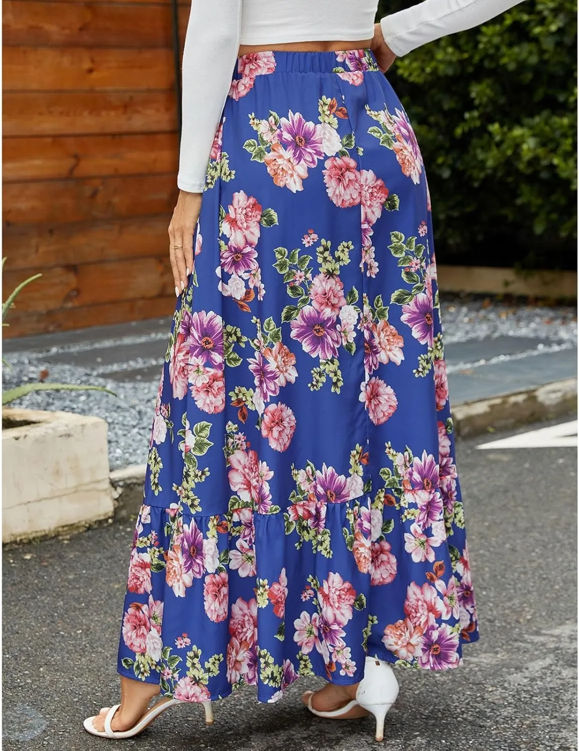Floral Pleated Skirts for Women Midi Length Summer Casual Boho High Waisted Flowy Plus Size Swing A Line Skirt