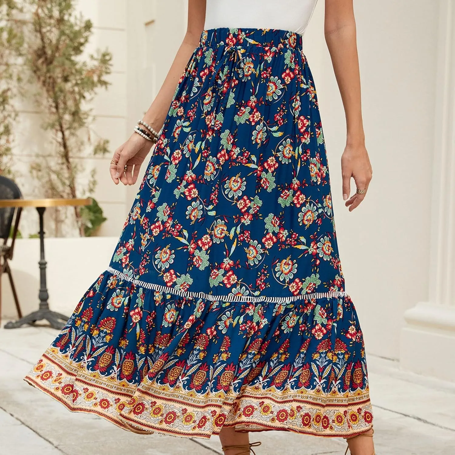 Floral Pleated Skirts for Women Midi Length Summer Casual Boho High Waisted Flowy Plus Size Swing A Line Skirt