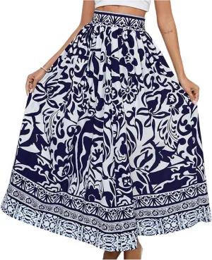 Floral Pleated Skirts for Women Midi Length Summer Casual Boho High Waisted Flowy Plus Size Swing A Line Skirt