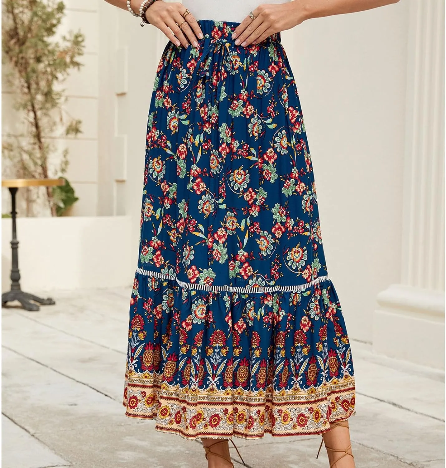 Floral Pleated Skirts for Women Midi Length Summer Casual Boho High Waisted Flowy Plus Size Swing A Line Skirt