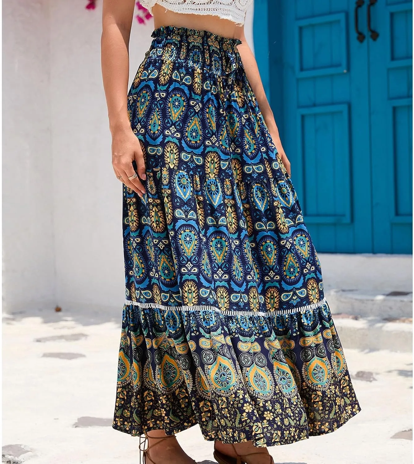 Floral Pleated Skirts for Women Midi Length Summer Casual Boho High Waisted Flowy Plus Size Swing A Line Skirt