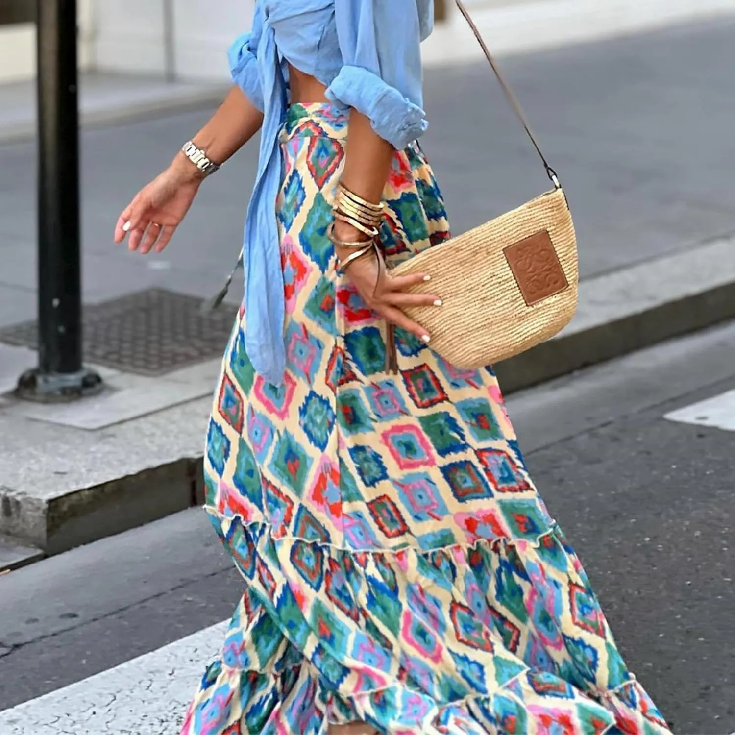 Floral Pleated Skirts for Women Summer High Waisted Tiered Long Skirt Boho Maxi Skirt Vacation Skirts