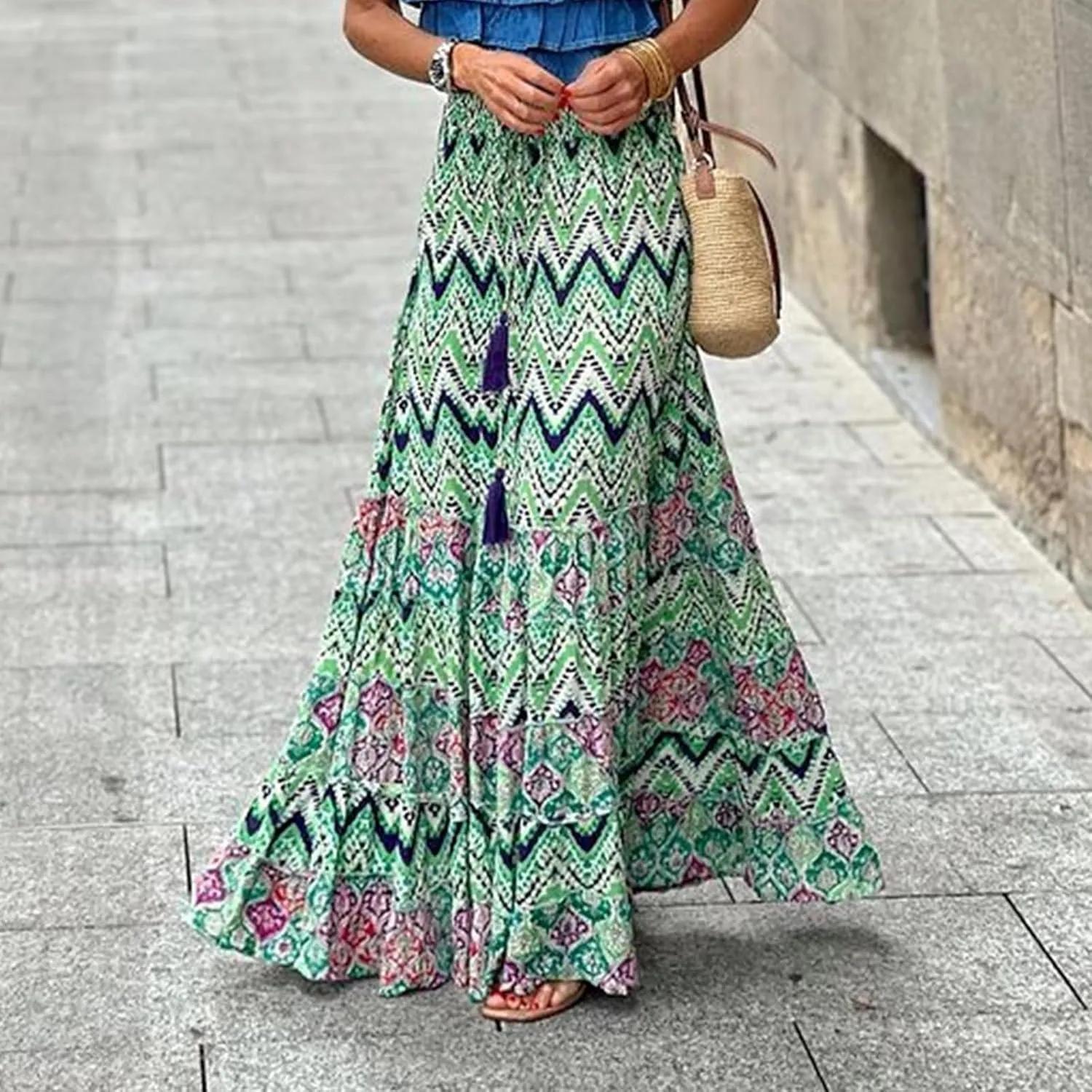 Floral Pleated Skirts for Women Summer High Waisted Tiered Long Skirt Boho Maxi Skirt Vacation Skirts