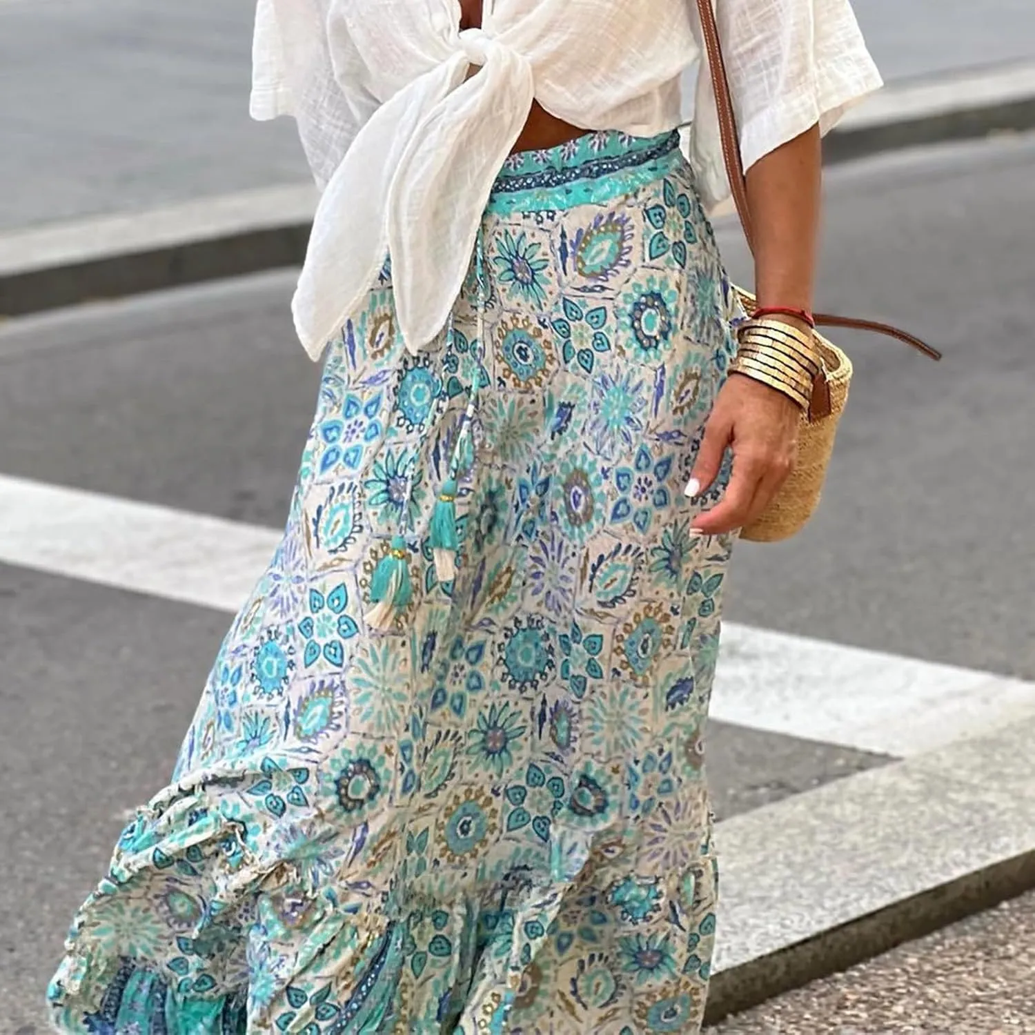 Floral Pleated Skirts for Women Summer High Waisted Tiered Long Skirt Boho Maxi Skirt Vacation Skirts