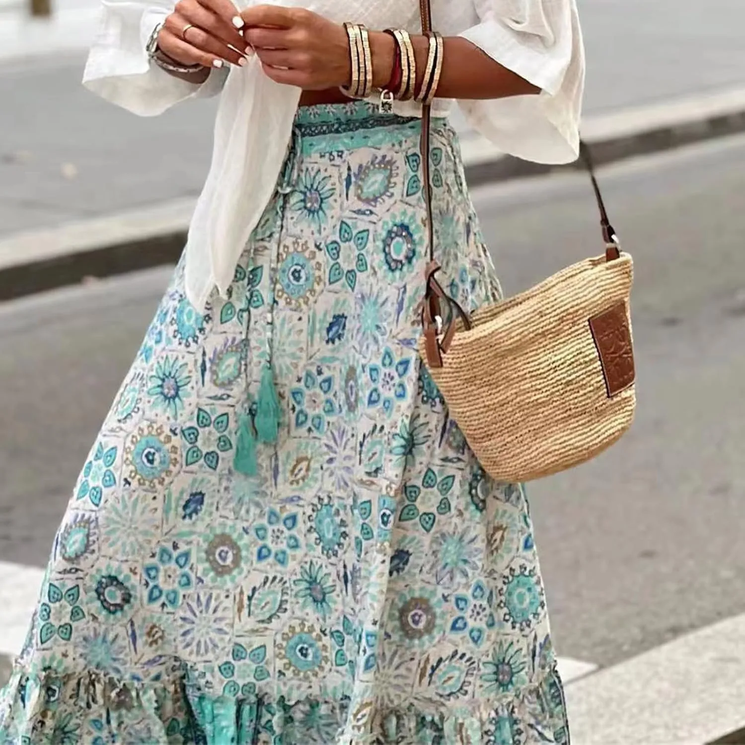 Floral Pleated Skirts for Women Summer High Waisted Tiered Long Skirt Boho Maxi Skirt Vacation Skirts