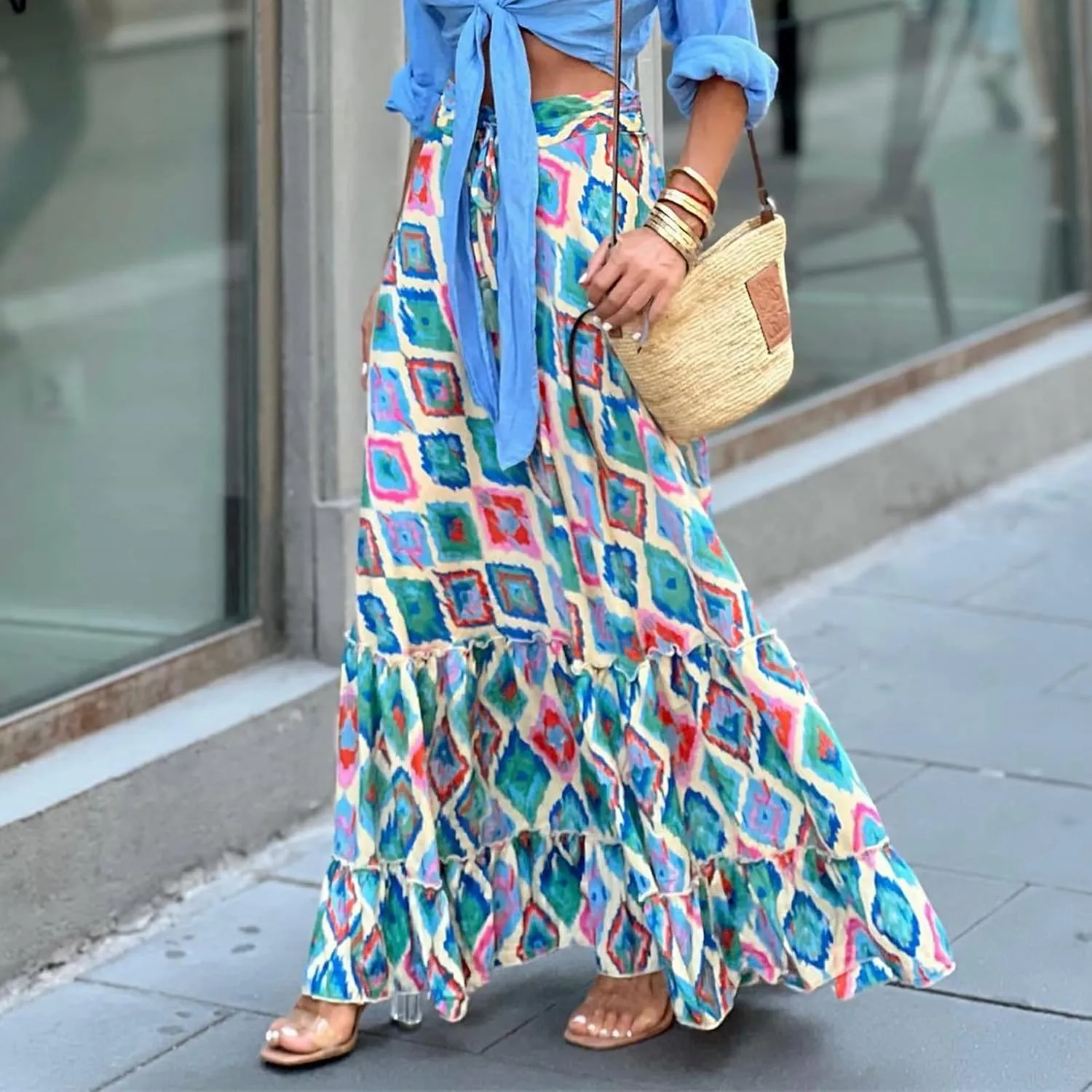 Floral Pleated Skirts for Women Summer High Waisted Tiered Long Skirt Boho Maxi Skirt Vacation Skirts