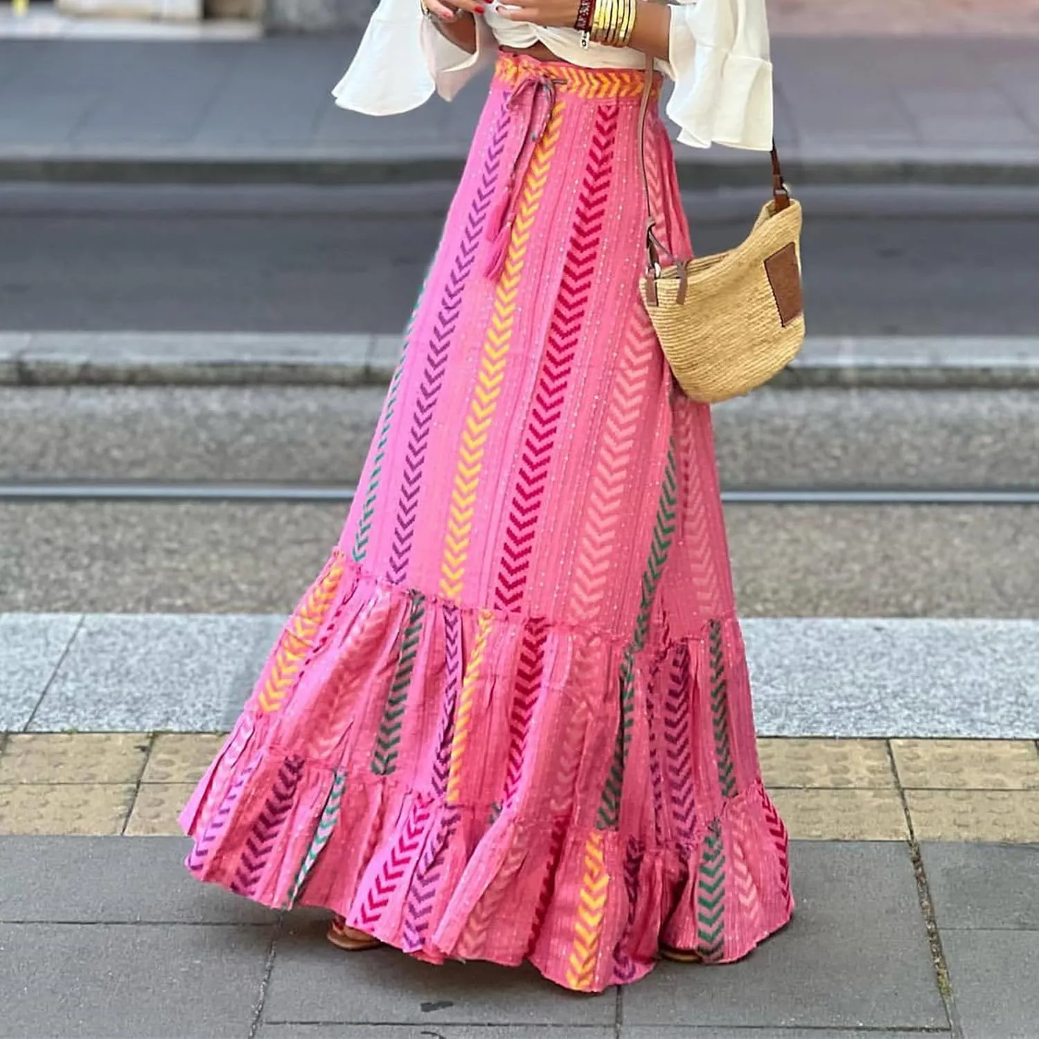 Floral Pleated Skirts for Women Summer High Waisted Tiered Long Skirt Boho Maxi Skirt Vacation Skirts