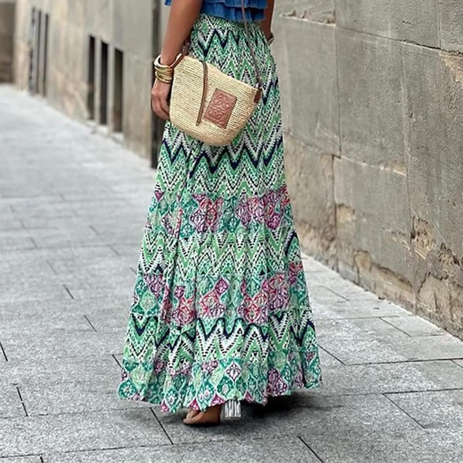Floral Pleated Skirts for Women Summer High Waisted Tiered Long Skirt Boho Maxi Skirt Vacation Skirts