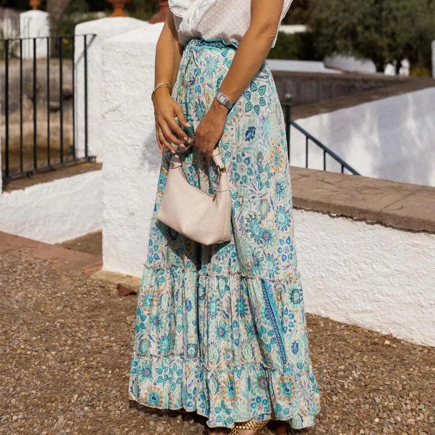 Floral Pleated Skirts for Women Summer High Waisted Tiered Long Skirt Boho Maxi Skirt Vacation Skirts
