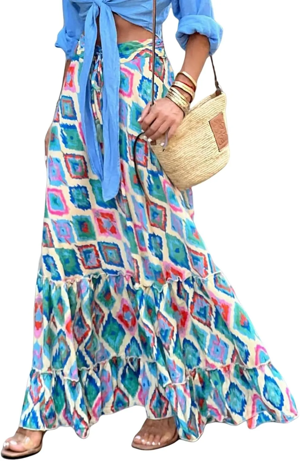 Floral Pleated Skirts for Women Summer High Waisted Tiered Long Skirt Boho Maxi Skirt Vacation Skirts