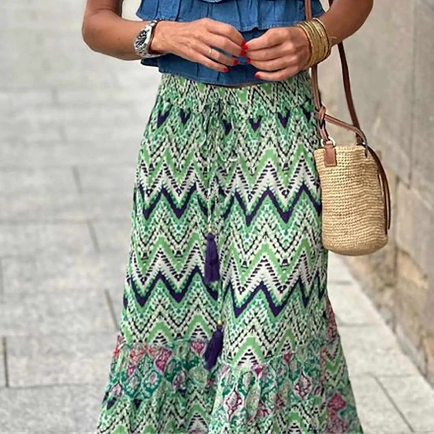 Floral Pleated Skirts for Women Summer High Waisted Tiered Long Skirt Boho Maxi Skirt Vacation Skirts