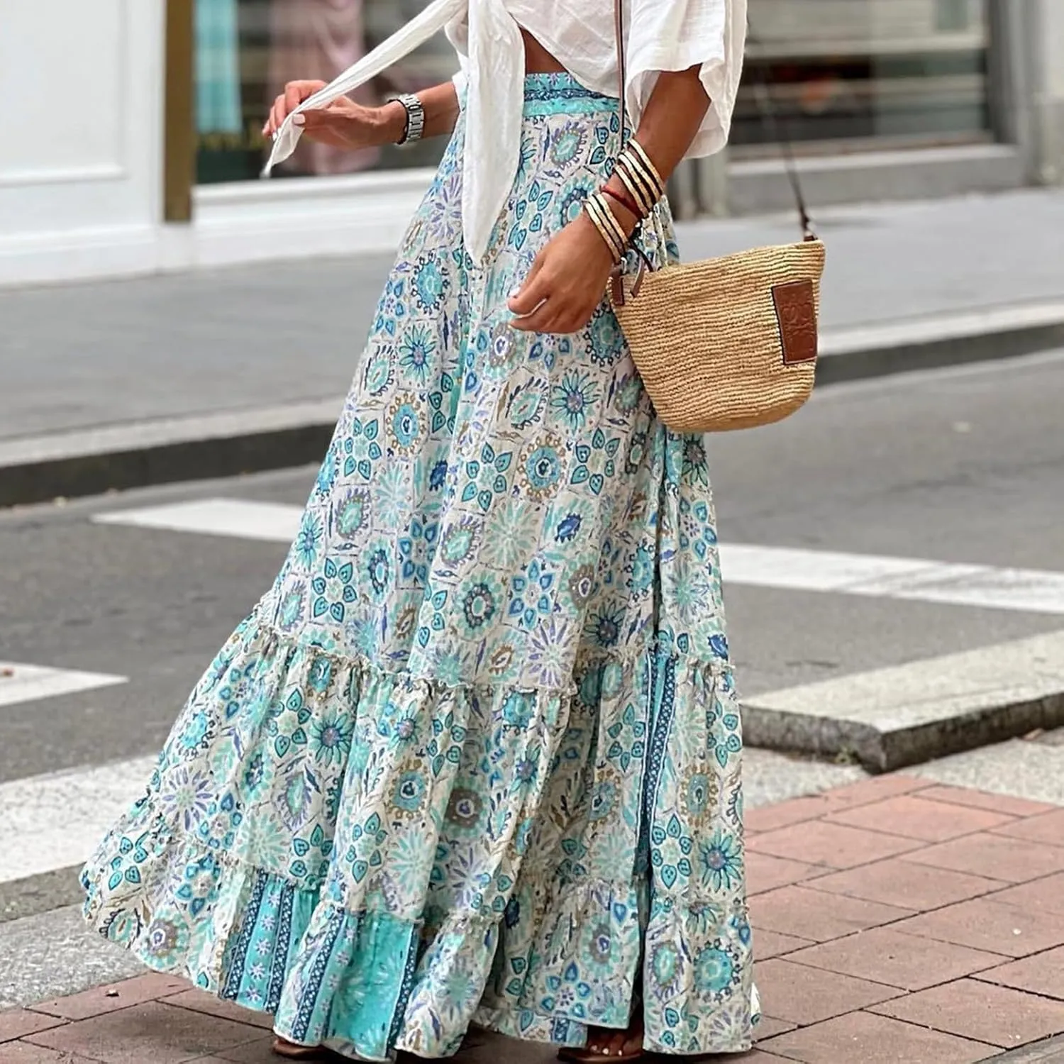 Floral Pleated Skirts for Women Summer High Waisted Tiered Long Skirt Boho Maxi Skirt Vacation Skirts