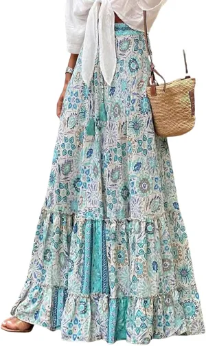 Floral Pleated Skirts for Women Summer High Waisted Tiered Long Skirt Boho Maxi Skirt Vacation Skirts