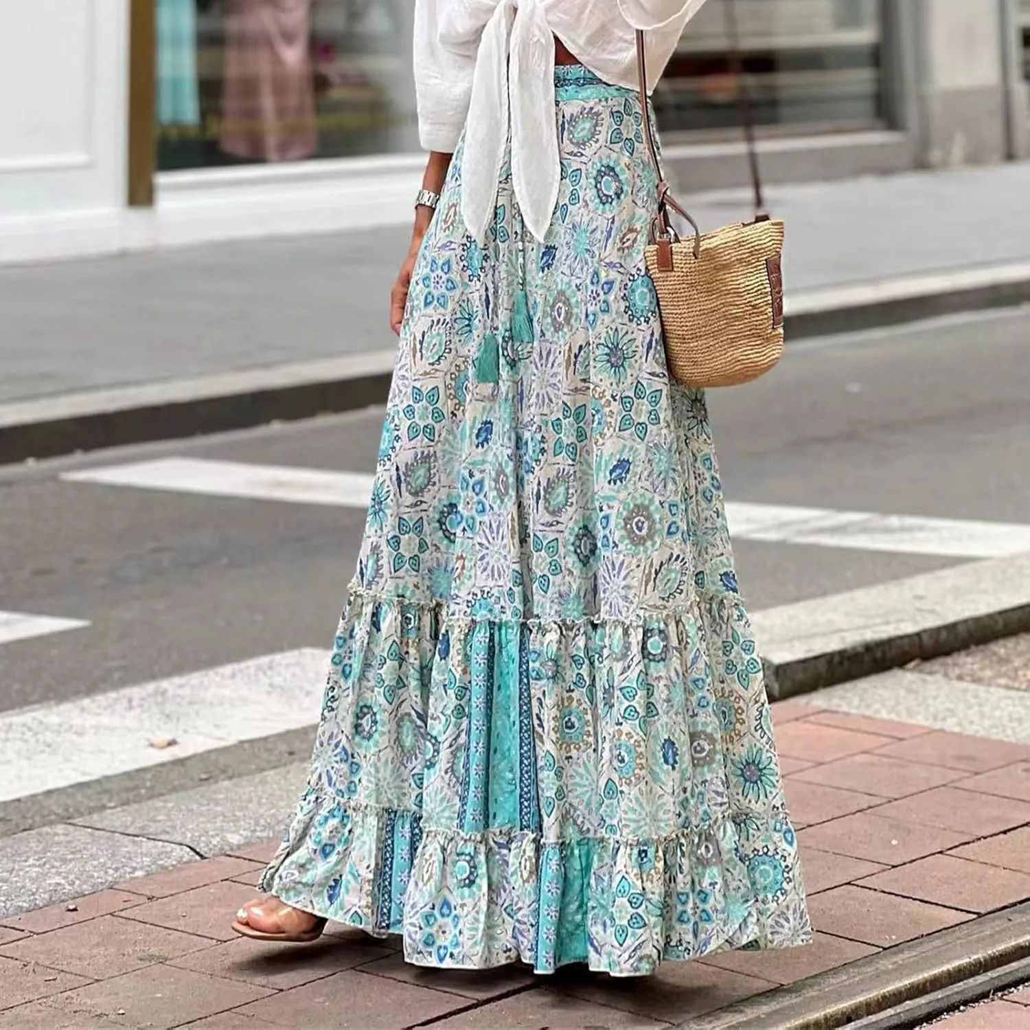 Floral Pleated Skirts for Women Summer High Waisted Tiered Long Skirt Boho Maxi Skirt Vacation Skirts