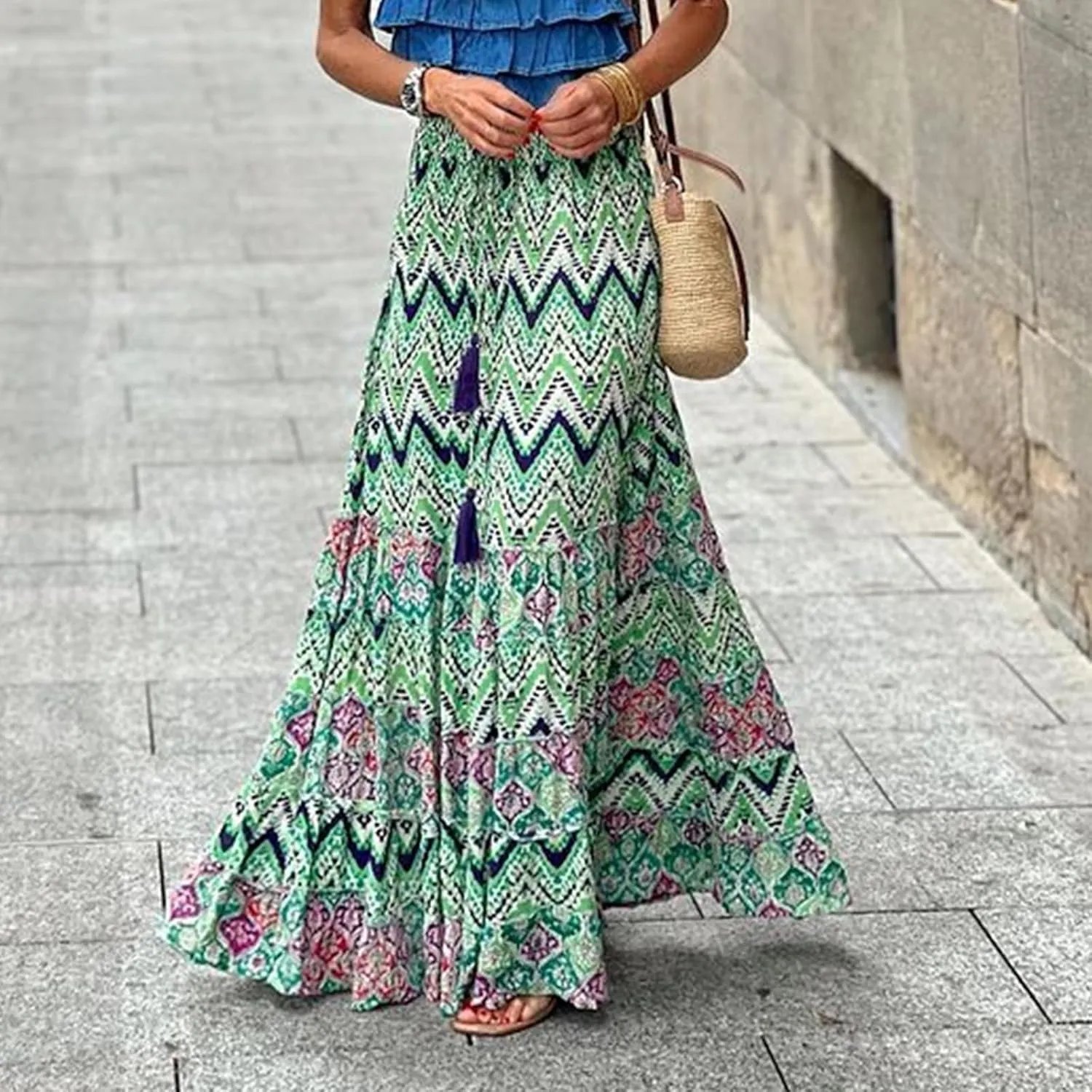Floral Pleated Skirts for Women Summer High Waisted Tiered Long Skirt Boho Maxi Skirt Vacation Skirts