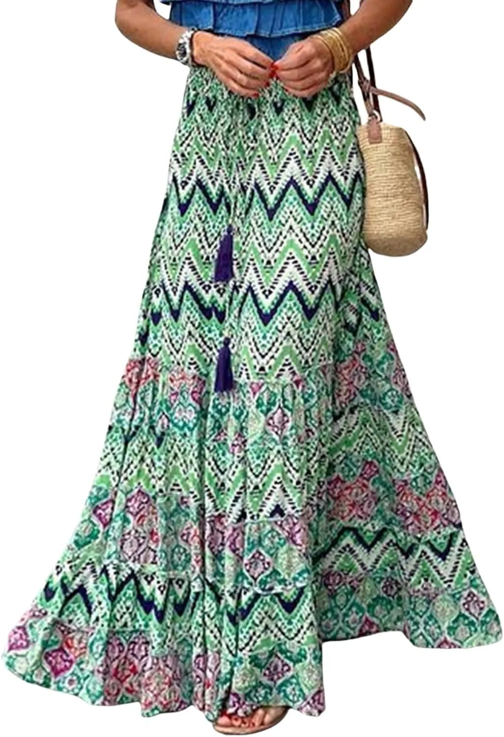 Floral Pleated Skirts for Women Summer High Waisted Tiered Long Skirt Boho Maxi Skirt Vacation Skirts