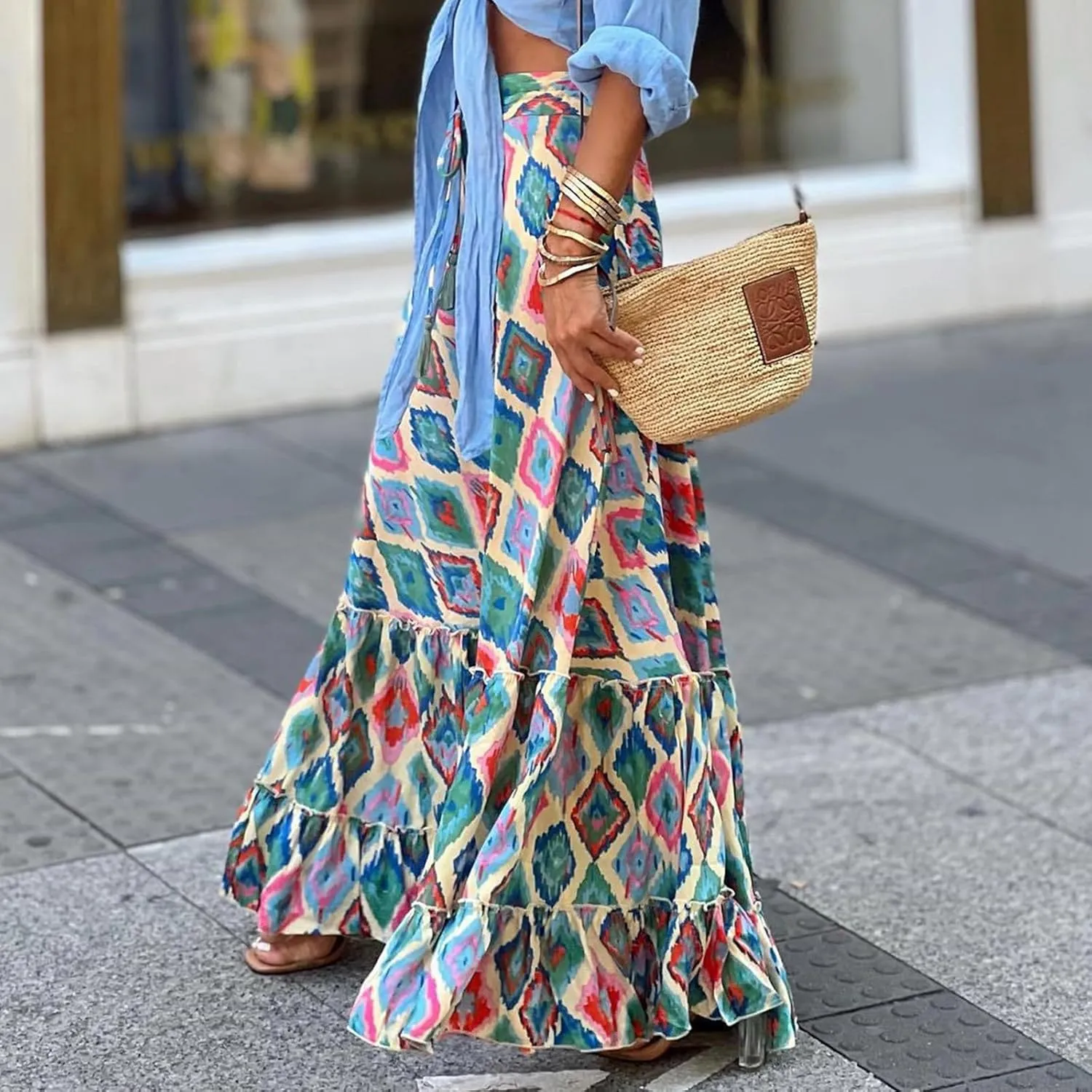 Floral Pleated Skirts for Women Summer High Waisted Tiered Long Skirt Boho Maxi Skirt Vacation Skirts