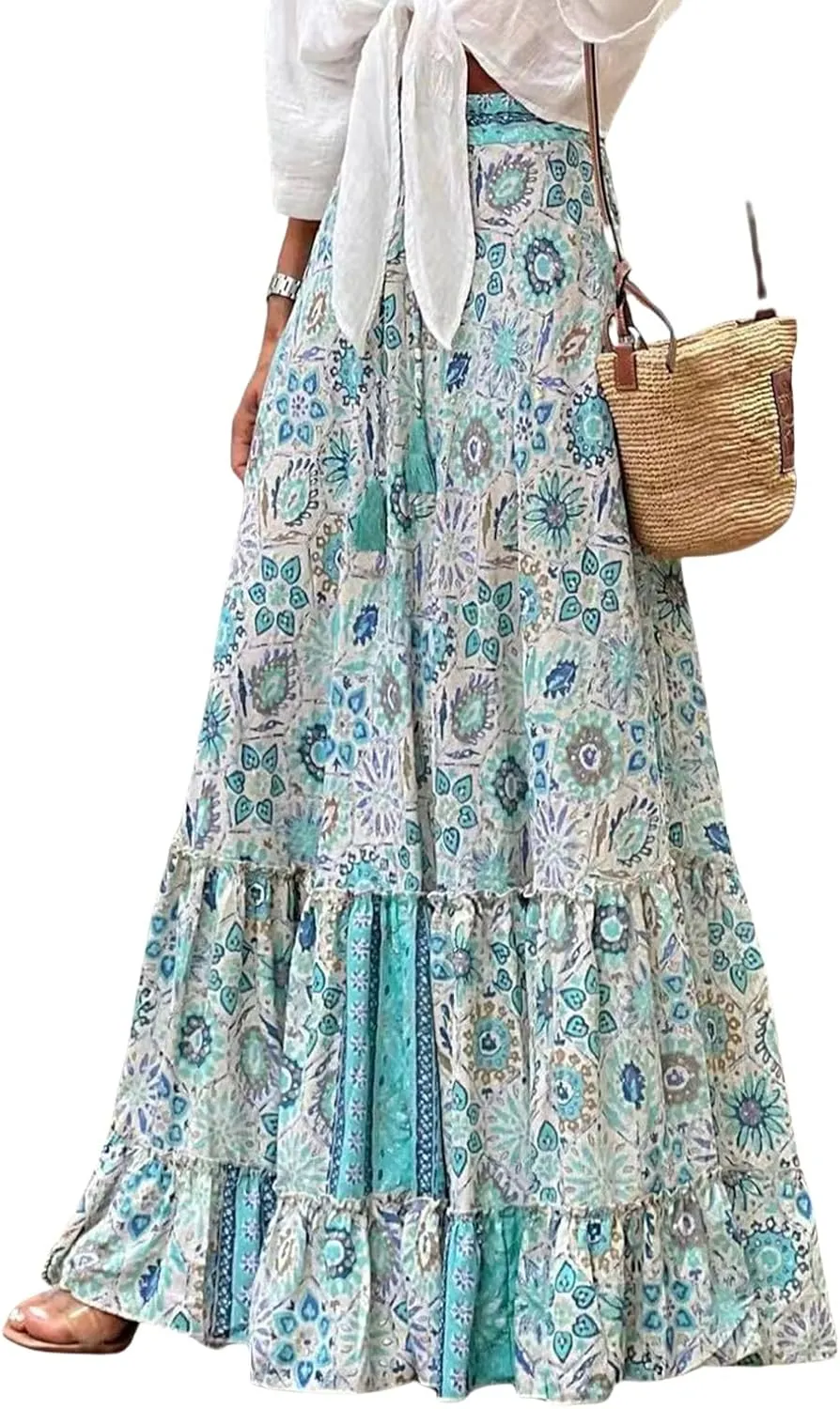 Floral Pleated Skirts for Women Summer High Waisted Tiered Long Skirt Boho Maxi Skirt Vacation Skirts