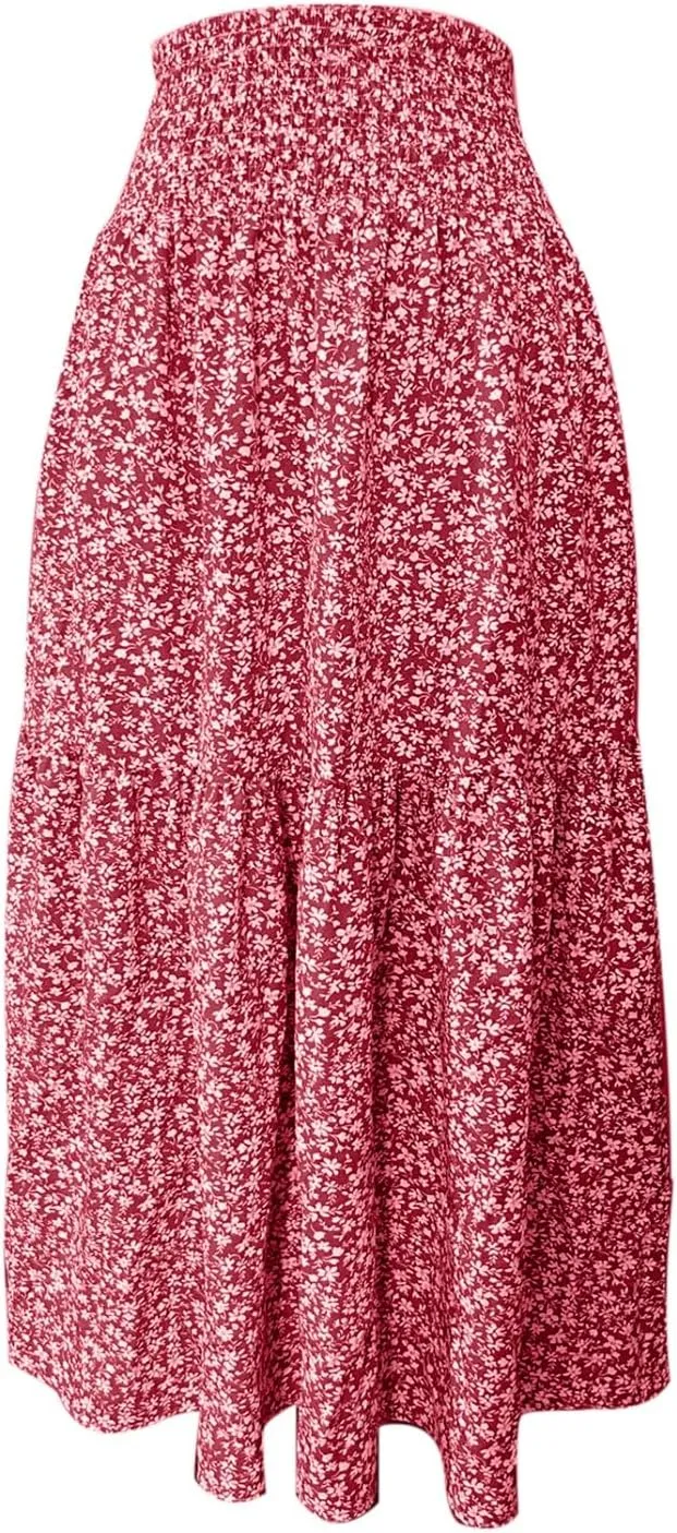 Floral Print Skirt for Womens High Waisted Elasic Cotton Bboho Skirts Casual Flowy Swing Pleated A-Line Maxi Skirt