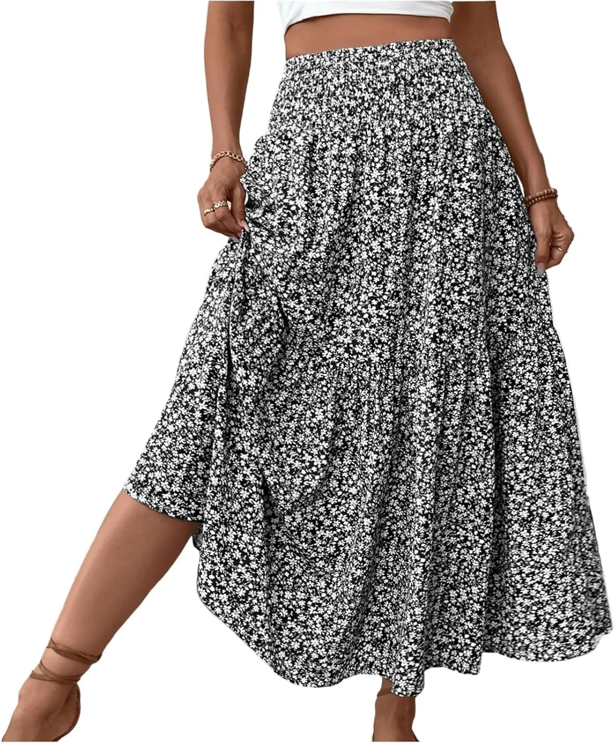 Floral Print Skirt for Womens High Waisted Elasic Cotton Bboho Skirts Casual Flowy Swing Pleated A-Line Maxi Skirt
