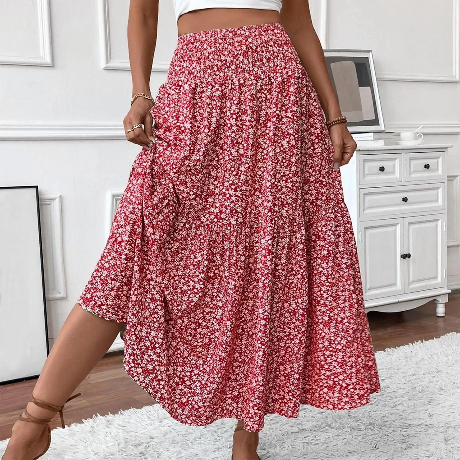 Floral Print Skirt for Womens High Waisted Elasic Cotton Bboho Skirts Casual Flowy Swing Pleated A-Line Maxi Skirt