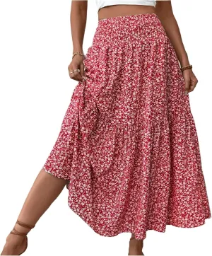 Floral Print Skirt for Womens High Waisted Elasic Cotton Bboho Skirts Casual Flowy Swing Pleated A-Line Maxi Skirt