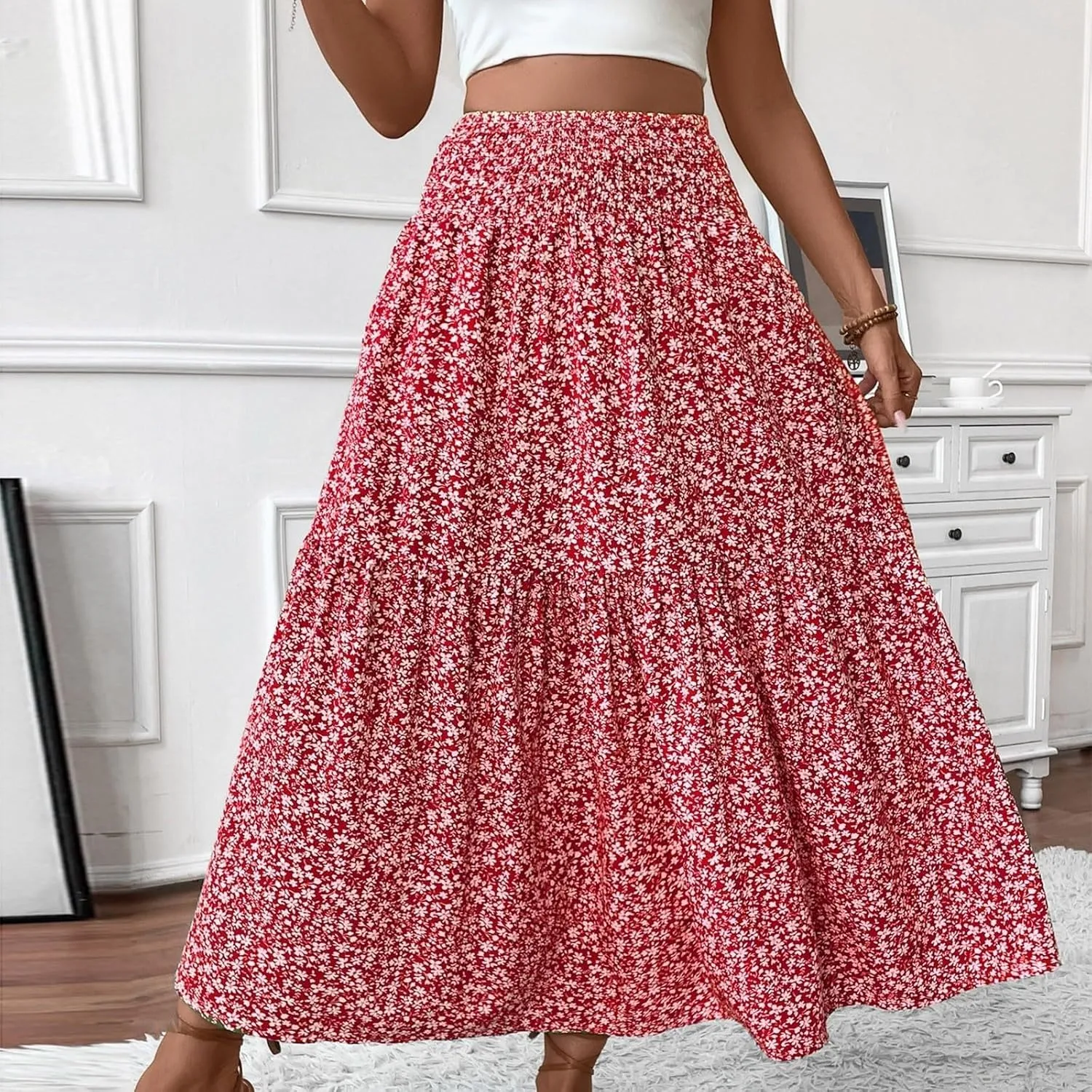 Floral Print Skirt for Womens High Waisted Elasic Cotton Bboho Skirts Casual Flowy Swing Pleated A-Line Maxi Skirt