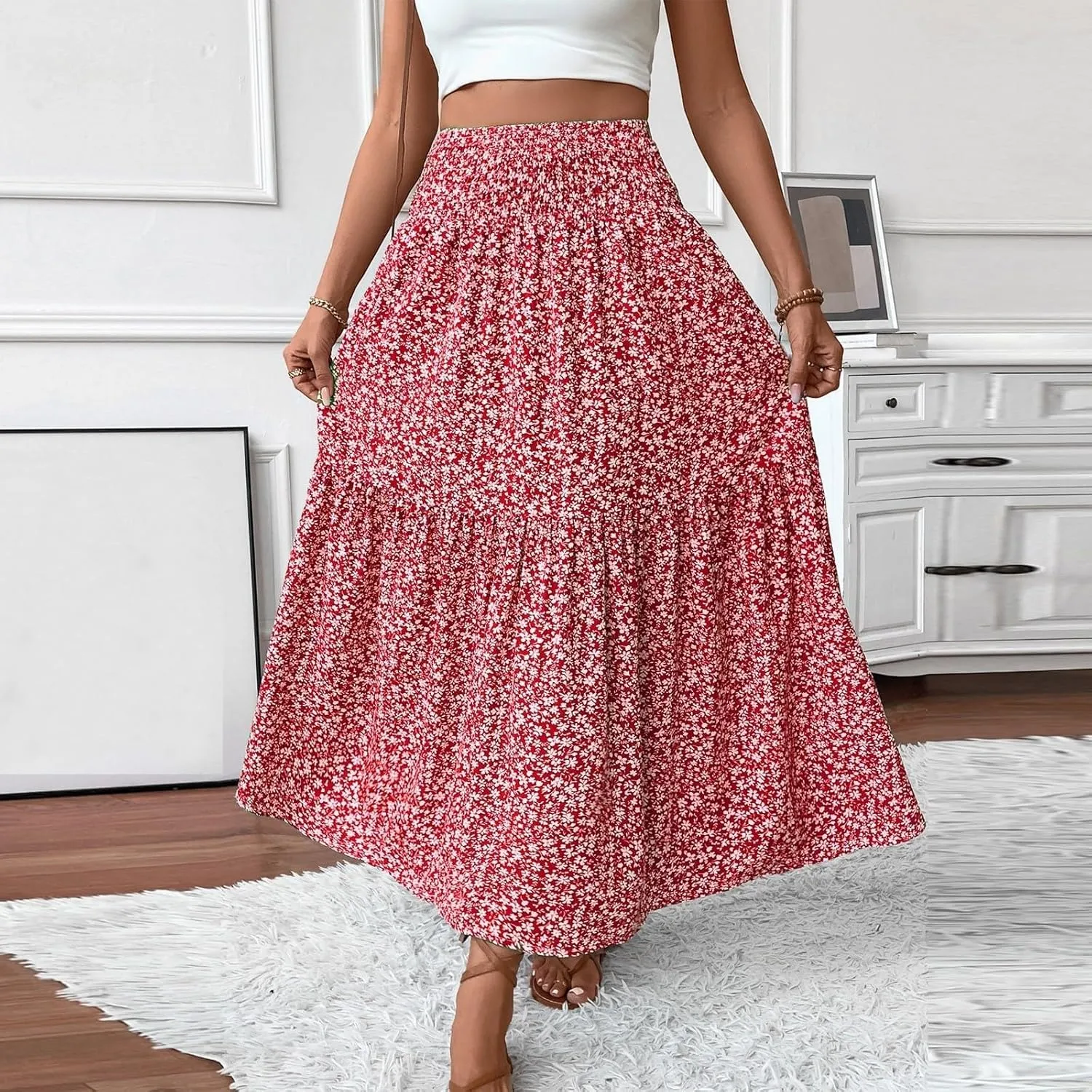 Floral Print Skirt for Womens High Waisted Elasic Cotton Bboho Skirts Casual Flowy Swing Pleated A-Line Maxi Skirt