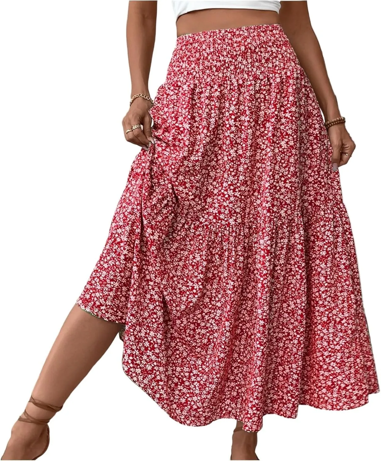 Floral Print Skirt for Womens High Waisted Elasic Cotton Bboho Skirts Casual Flowy Swing Pleated A-Line Maxi Skirt