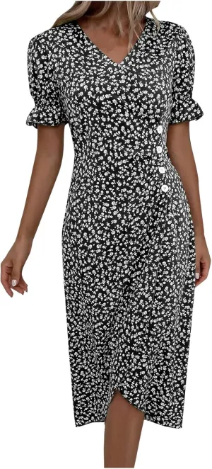 Floral Vacation Dresses for Women: Trendy V-Neck Ruched Short/Long Sleeve Dress - Casual Fashion for Spring/Summer